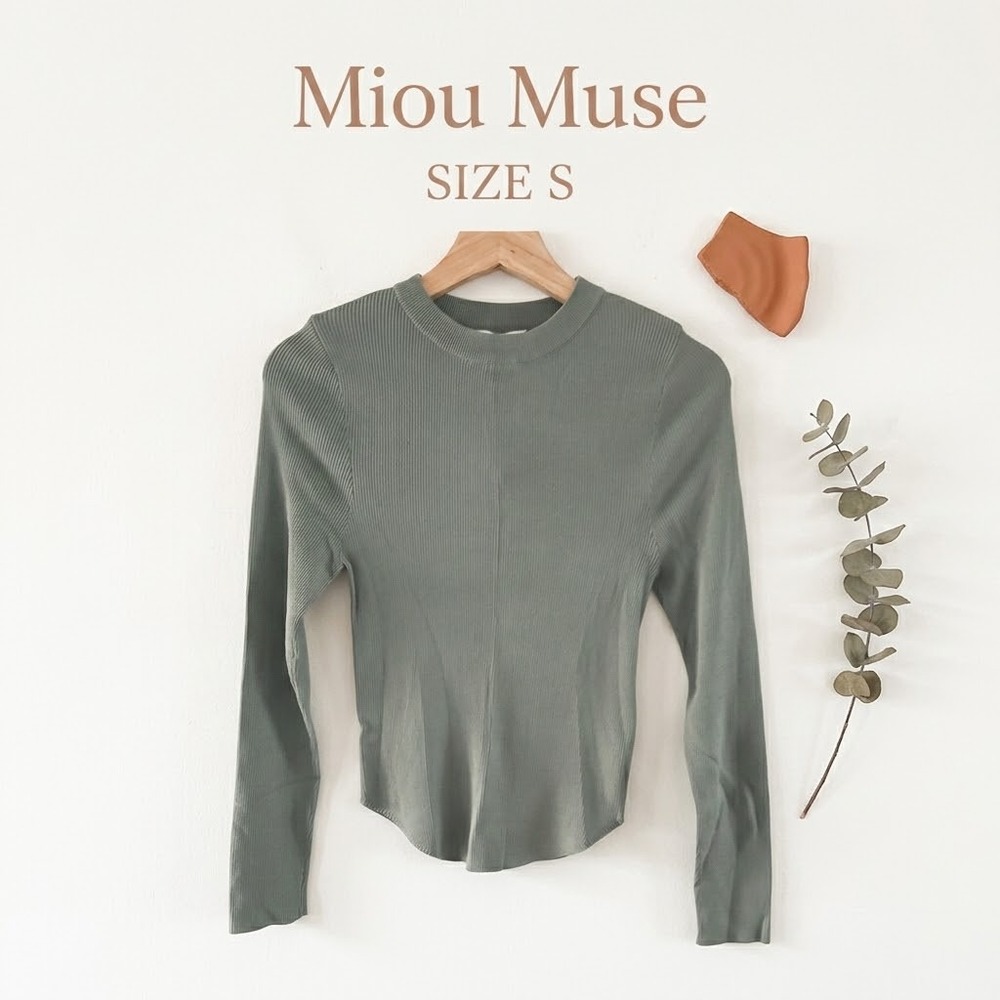 Miou Muse Ribbed Knit Long Sleeve Top Women Small Sage Green Coquette
